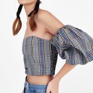 Zara Plaid Off The Shoulder Puff Sleeved Crop Top.